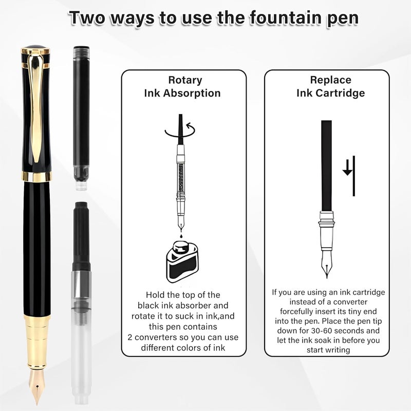 lucilynx Fountain Pen, Medium Nib, Includes 8 Ink Cartridges [Black & Blue] & Ink Converter, Calligraphy Pen, Consistent Writing, Nice Pens - Black - Image 5
